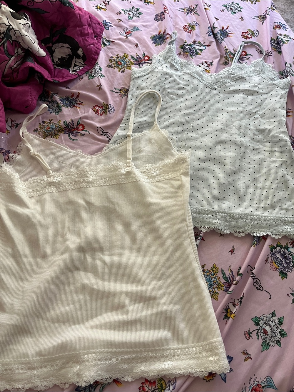 Pink Rose Lace-Trim Camisoles in Cream & White